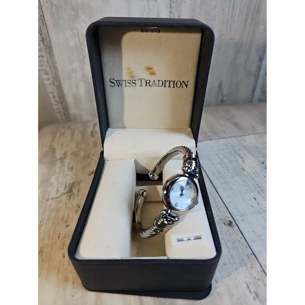 Swiss Tradition Women's Bangle Watch Mother of Pearl Dial Stainless Steel w Box